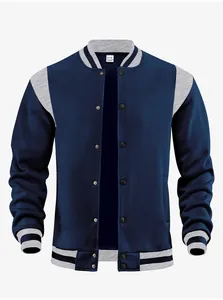 High-quality detailed view of navy and grey contrast varsity jacket with metal snap buttons
