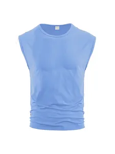 Detailed view of light blue ribbed texture sleeveless vest for men fitness casual