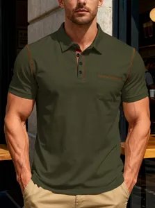 Close-up detail of an olive green men's casual polo shirt with contrast stitching and pocket