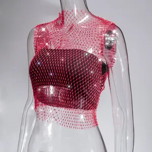 Detailed view of sexy red mesh fishnet crop top decorated with sparkling rhinestones