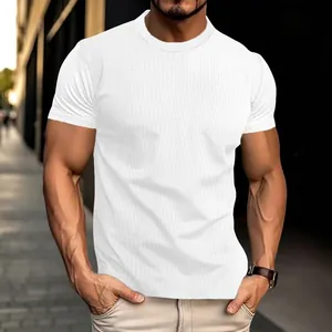 Detailed close-up view of a white seersucker men's T-shirt showing texture and fit