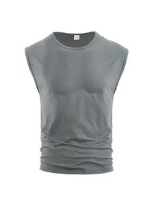 Detail of gray sleeveless gym tank top showing ribbed fabric texture