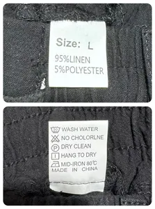 Detail view of the clothing label showing 95% linen composition and washing instructions