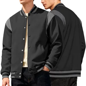 Front and back view of men's black and grey contrast patchwork varsity baseball jacket