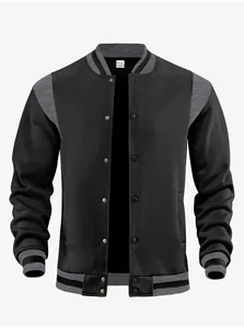 Close-up front detail of a men's black and grey contrast baseball jacket with snap buttons
