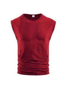 Close-up view of a red sleeveless men's T-shirt featuring a subtle ribbed fabric texture