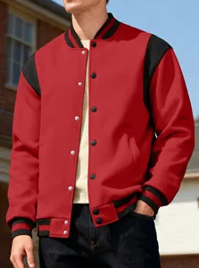 Men's red and black color block varsity jacket with stand collar and ribbed cuffs