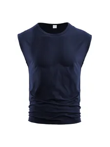 Close-up detail of navy blue men's sleeveless T-shirt featuring a ribbed texture.