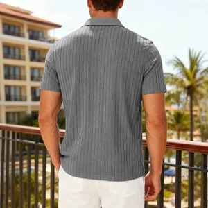 Back view of a men's grey vertical striped short sleeve polo shirt in breathable jacquard fabric