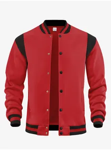 Detail view of a red and black men's varsity jacket with striped cuffs.