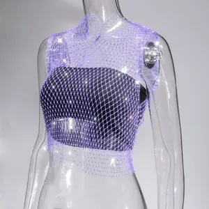 Detail view of a sexy purple fishnet hollow crop top vest featuring sparkling rhinestones