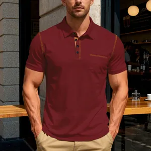 Classic men's short sleeve polo shirt in maroon featuring contrast stitching and chest pocket