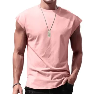 Detailed view of pink sleeveless muscle T-shirt for men featuring soft ribbed texture