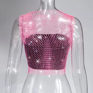 Close-up of pink rhinestone fishnet hollow-out tank top with sparkling diamond details.