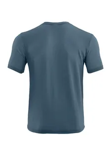 Detailed back view of men's breathable blue seersucker short sleeve sports T-shirt