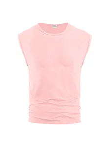 Detail shot of men's pink sleeveless vest with subtle pit texture and round neck