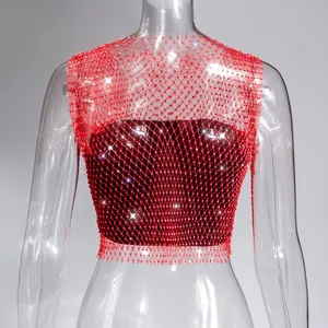 Detailed view of red fishnet rhinestone vest with brilliant sparkly diamond accents
