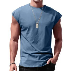 Close-up detail of men's blue ribbed sleeveless t-shirt with loose fit and crew neck