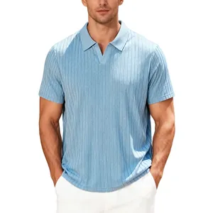 Men's light blue short sleeve ribbed polo shirt with casual breathable jacquard texture