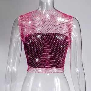 Sparkling pink rhinestone mesh crop top with fishnet hollow design for night out