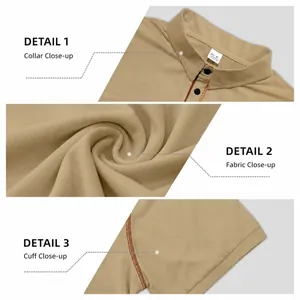 Men's short sleeve polo shirt detail views showing collar, fabric texture, and cuffs.