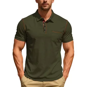 Men's olive green short sleeve Polo shirt featuring contrast stitching and chest pocket detail