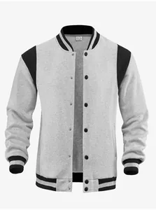 Detail view of a grey and black men's varsity jacket with striped ribbing