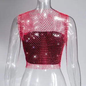 Sexy red rhinestone fishnet hollow out crop top for women nightclub wear