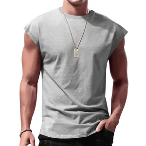 Close-up of gray sleeveless t-shirt featuring a unique ribbed texture and relaxed fit