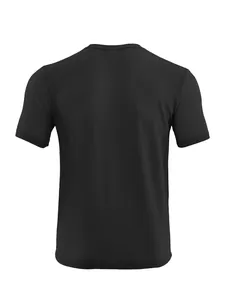 Back view of a black seersucker short-sleeved T-shirt with textured fabric
