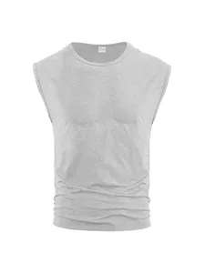 Detailed close-up view of a grey ribbed sleeveless tank top for men's summer fitness