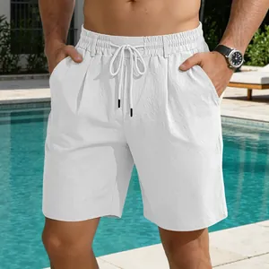 Weiße Herren Leinen-Shorts mit Kordelzug und elastischem Bund für den Sommer-Freizeitlook
