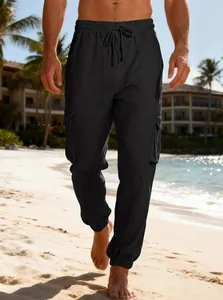 Pantaloni cargo casual da uomo in lino nero con coulisse e tasche per la spiaggia estiva