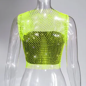 Stylish sexy neon green rhinestone fishnet crop top for nightclub parties and rave dance