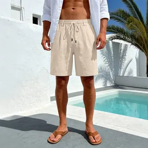 Herren lässige beige Leinen-Shorts mit Kordelzug für den Sommerurlaub