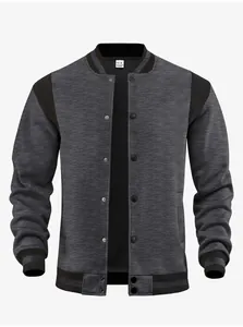 Detailed view of grey baseball jacket with black contrast sleeves and snap buttons