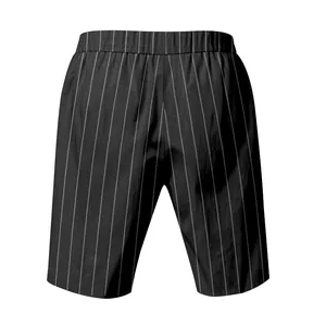 Back view of men's casual black pinstriped linen beach shorts with elastic waistband.