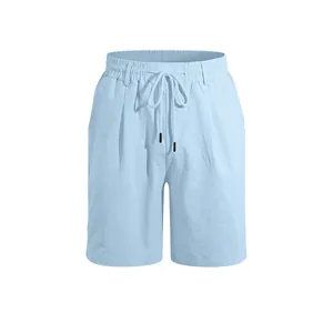 Lockere, hellblaue Leinen-Shorts für Herren mit Kordelzug und elastischem Bund