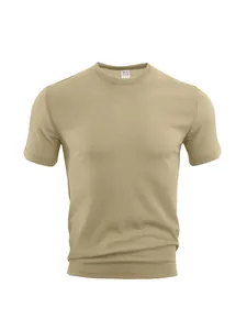 Detailed view of khaki seersucker fabric texture on men's breathable short sleeve T-shirt