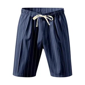 Detailed view of navy blue striped men's breathable linen shorts with drawstring