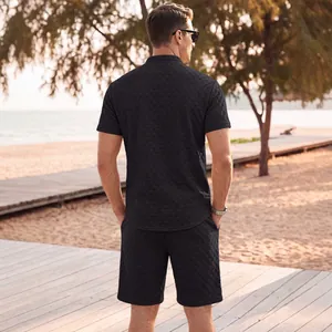 Completo due pezzi da uomo camicia e pantaloncini in maglia a nido d'ape neri estivi