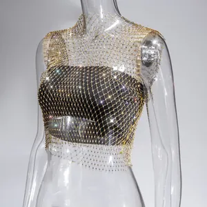 Sexy gold rhinestone mesh vest with sparkling crystal detailing for night clubwear