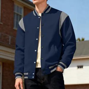 Men's casual varsity jacket with contrast patchwork sleeves and ribbed trim details