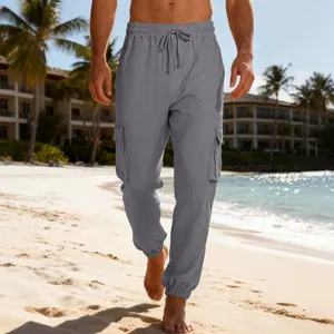 Pantaloni cargo in lino grigio da uomo con coulisse e tasche per la spiaggia estiva