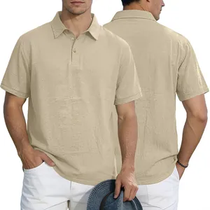 Lockeres Herren-Leinen-Poloshirt mit atmungsaktiven kurzen Ärmeln und Kragen in Khaki