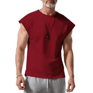 Men's sleeveless burgundy ribbed T-shirt, loose fit muscle gym tank top for summer.