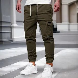 Herren Casual Cargo-Jogginghose Mit Kordelzug Elastischer Taille Mehrfachtaschen Einfarbig Outdoor Sport Unterteil