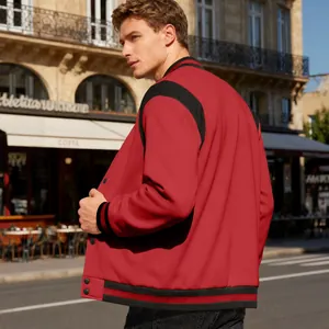Stylish red and black color-blocking men's varsity jacket featuring a stand collar design
