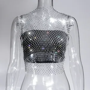 Sexy silver rhinestone fishnet crop top sparkly mesh vest for nightclub party wear