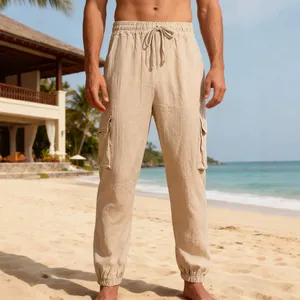 Pantaloni cargo estivi in lino per uomo con comoda coulisse e tasche laterali in beige